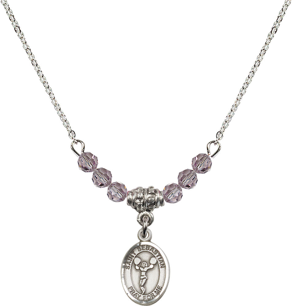 Sterling Silver Saint Sebastian/Cheerleading Birthstone Necklace with Light Amethyst Beads - 9170