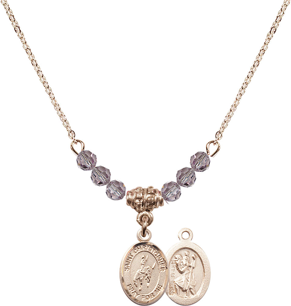 14kt Gold Filled Saint Christopher / Rodeo Birthstone Necklace with Light Amethyst Beads - 9192