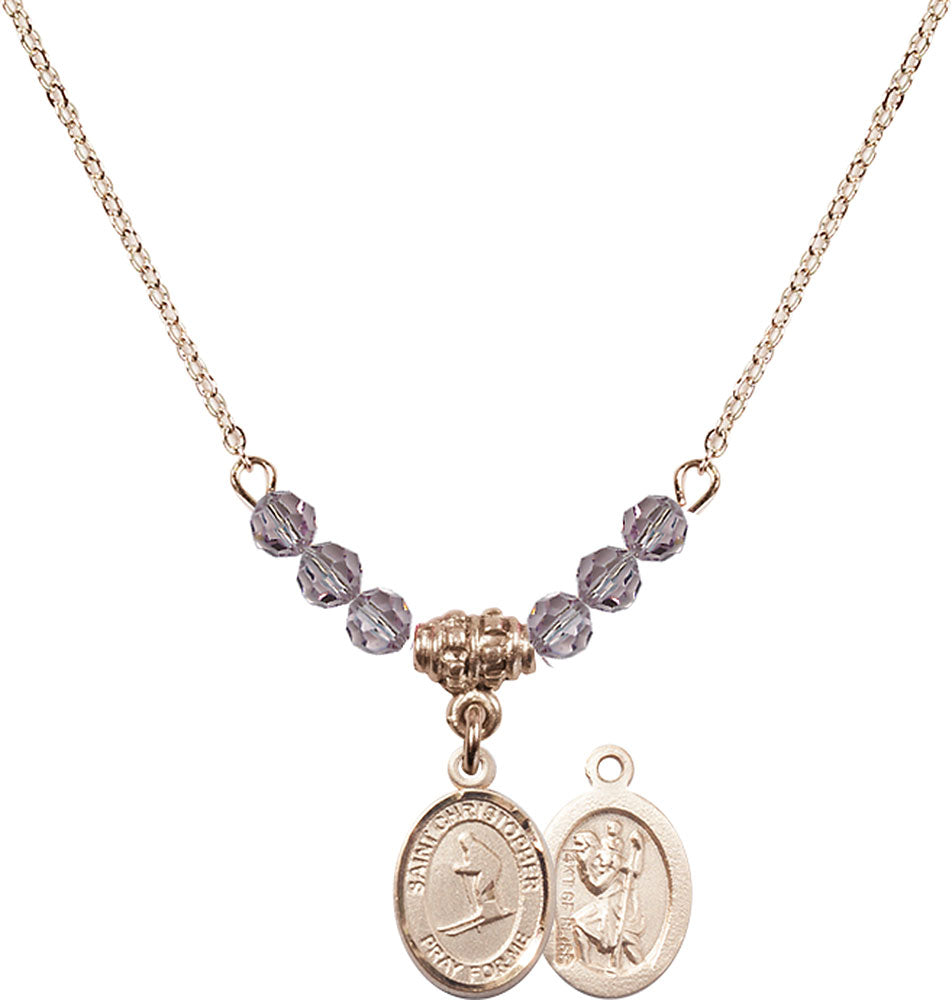 14kt Gold Filled Saint Christopher / Skiing Birthstone Necklace with Light Amethyst Beads - 9193