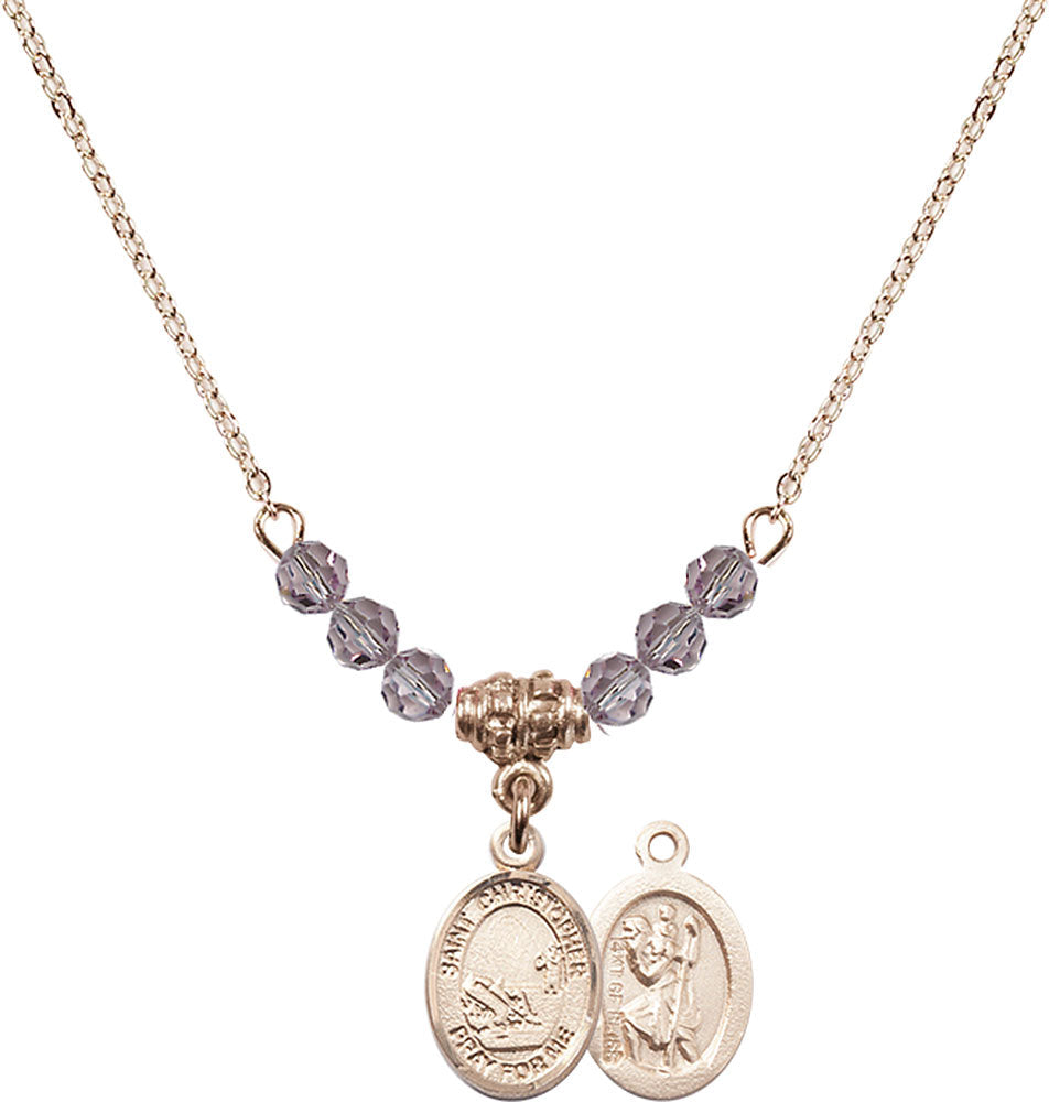 14kt Gold Filled Saint Christopher / Fishing Birthstone Necklace with Light Amethyst Beads - 9196