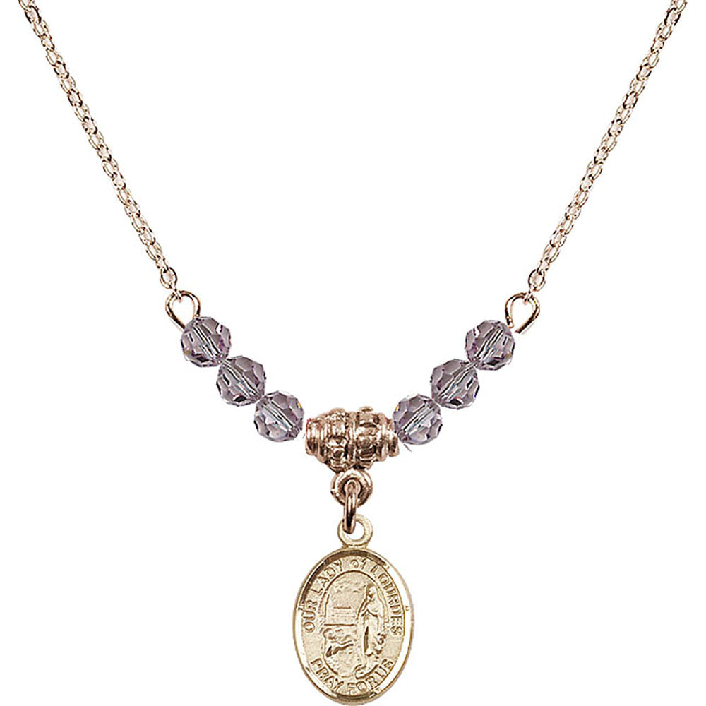 14kt Gold Filled Our Lady of Lourdes Birthstone Necklace with Light Amethyst Beads - 9288