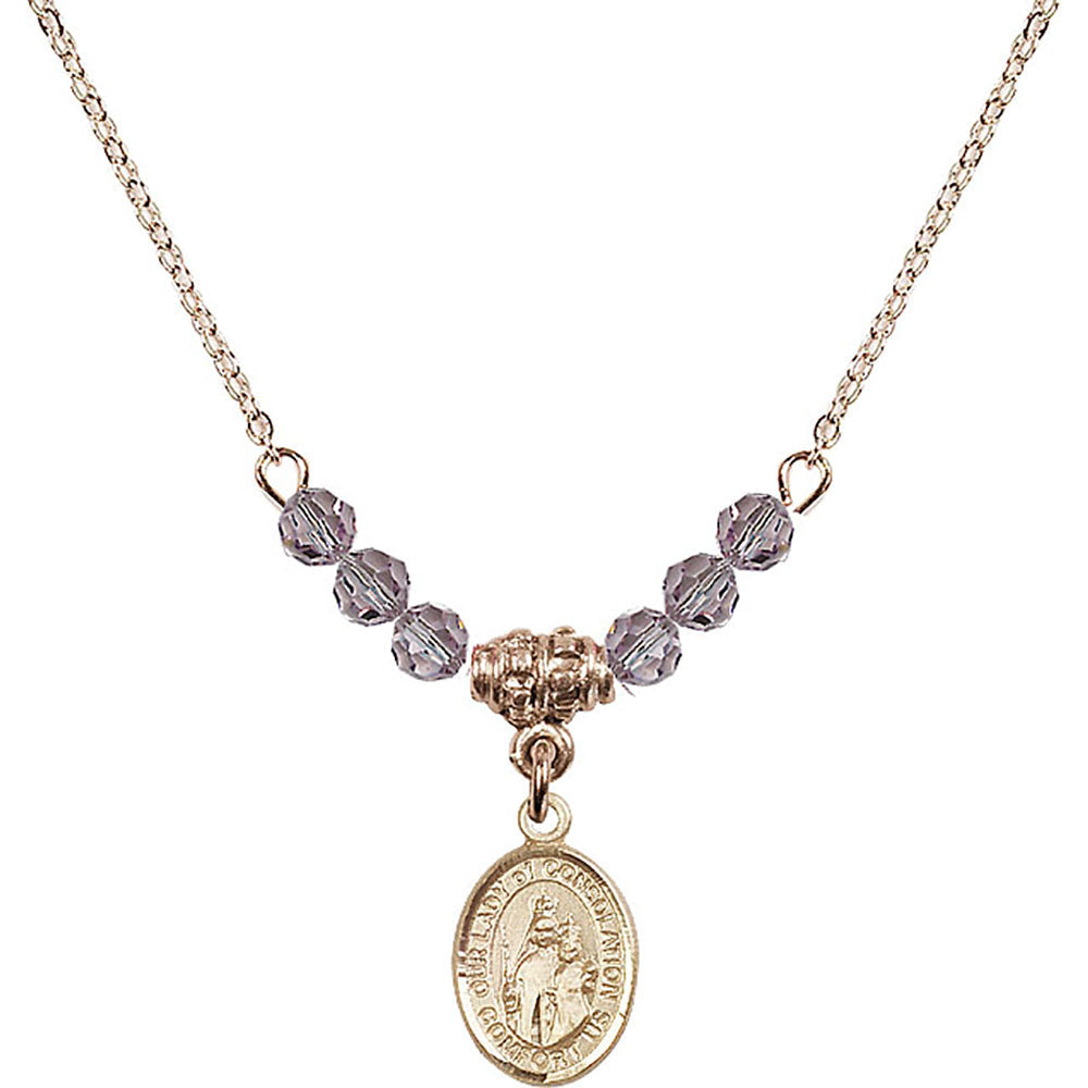 14kt Gold Filled Our Lady of Consolation Birthstone Necklace with Light Amethyst Beads - 9292
