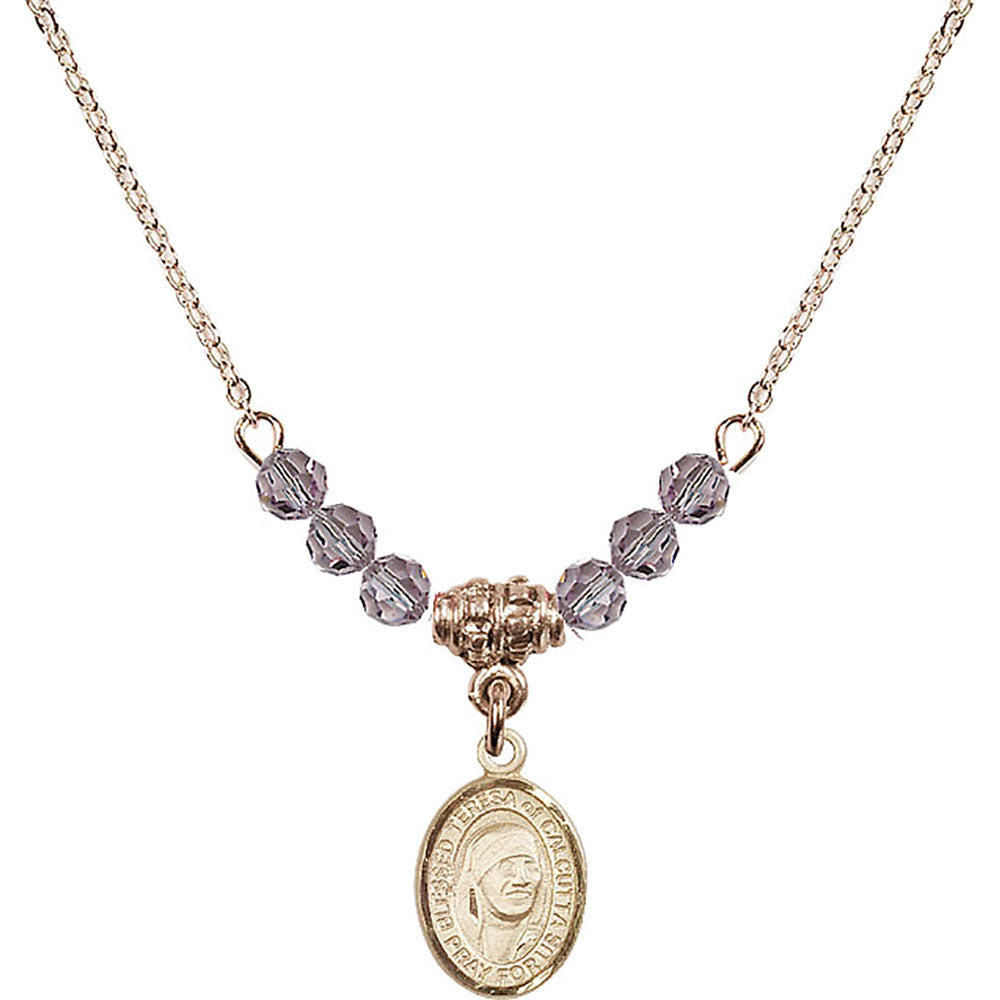 14kt Gold Filled Saint Teresa of Calcutta Birthstone Necklace with Light Amethyst Beads - 9295