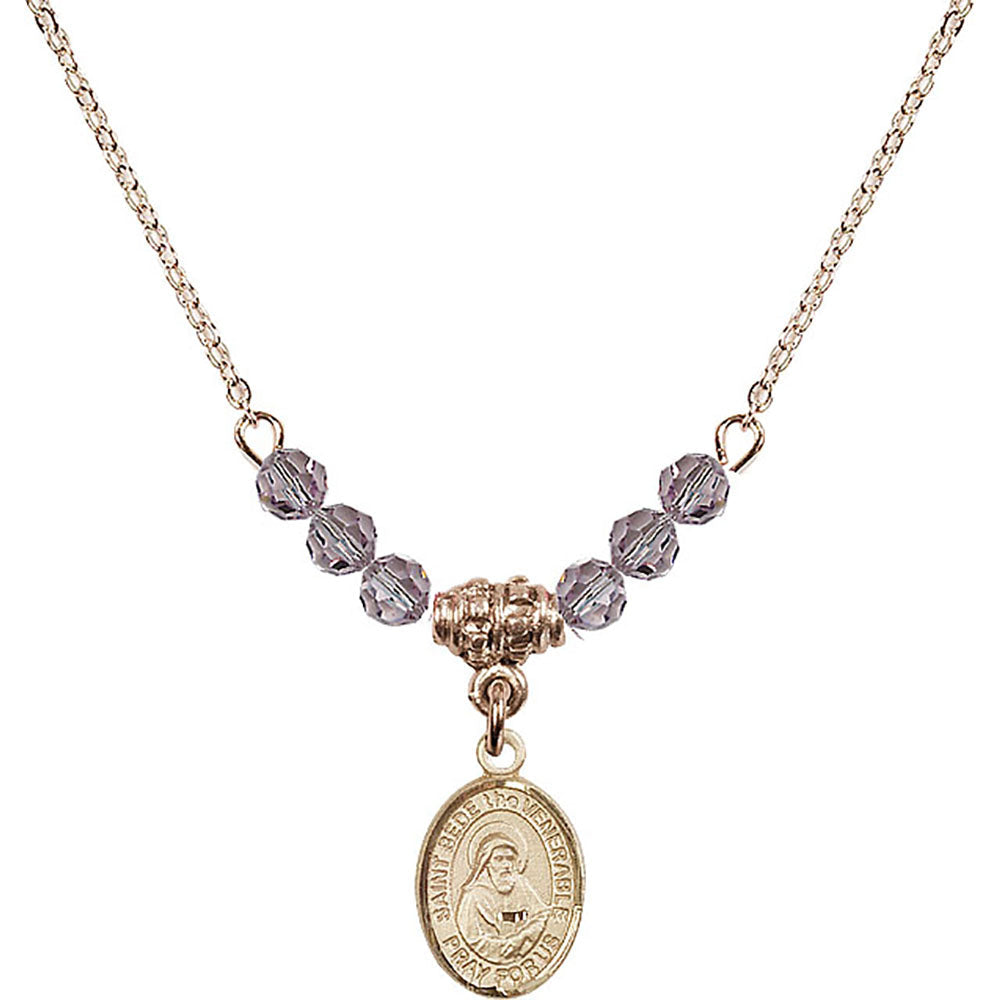14kt Gold Filled Saint Bede the Venerable Birthstone Necklace with Light Amethyst Beads - 9302