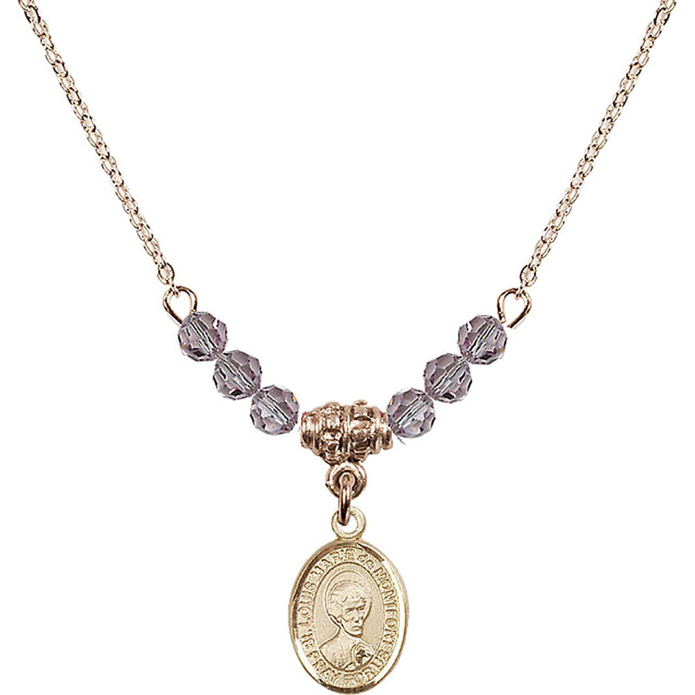 14kt Gold Filled Saint Louis Marie de Montfort Birthstone Necklace with Light Amethyst Beads - 9330