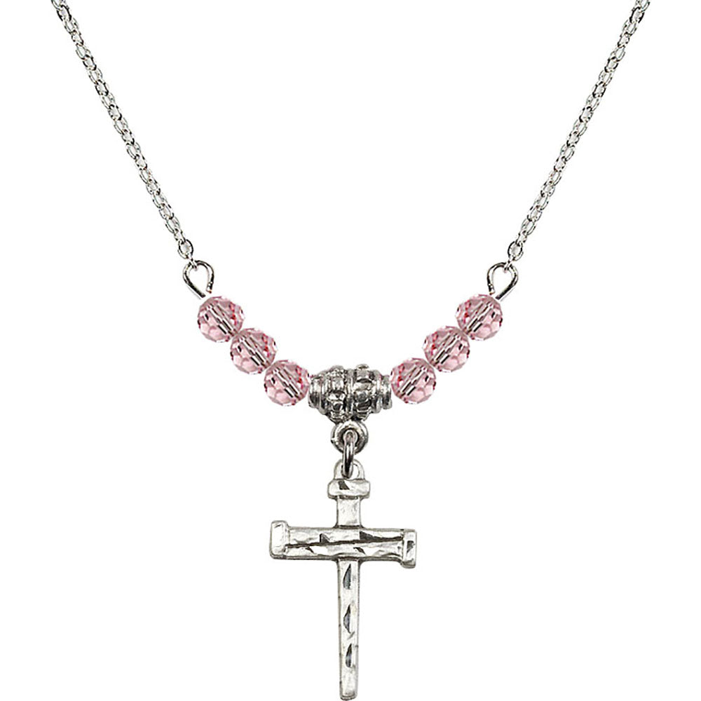 Sterling Silver Nail Cross Birthstone Necklace with Light Rose Beads - 0012
