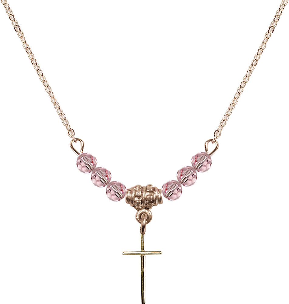 14kt Gold Filled Cross Birthstone Necklace with Light Rose Beads - 0014