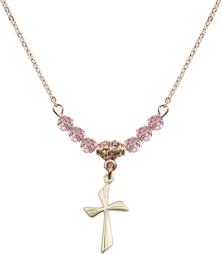 14kt Gold Filled Cross Birthstone Necklace with Light Rose Beads - 0016