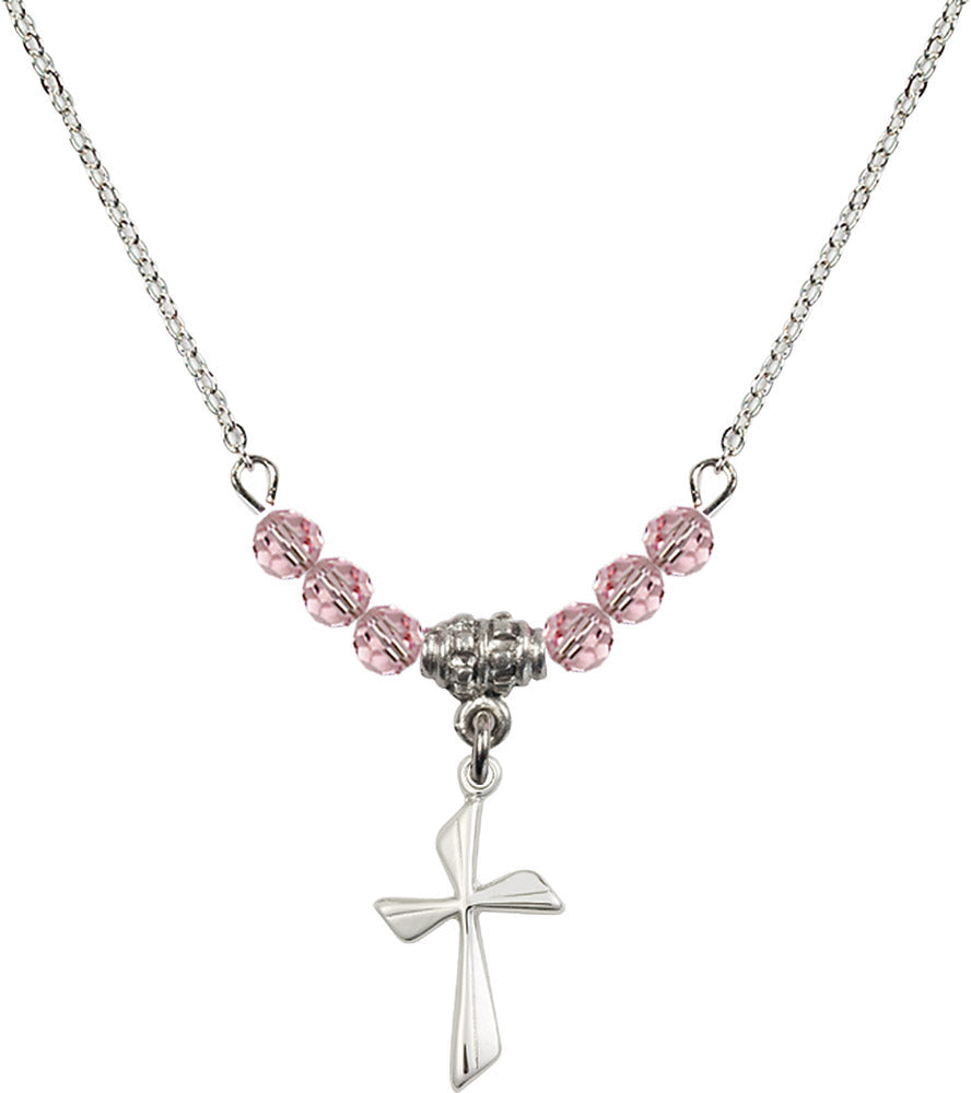 Sterling Silver Cross Birthstone Necklace with Light Rose Beads - 0016