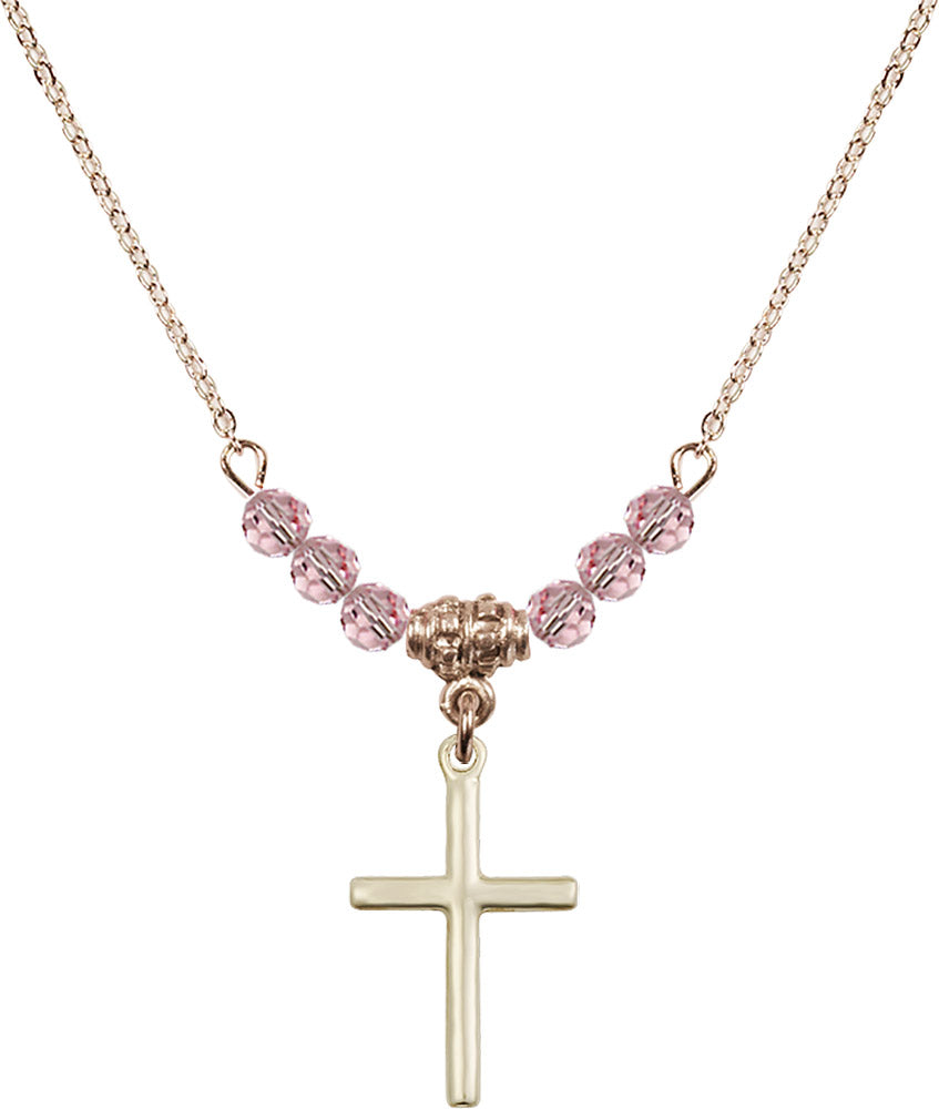 14kt Gold Filled Cross Birthstone Necklace with Light Rose Beads - 0017