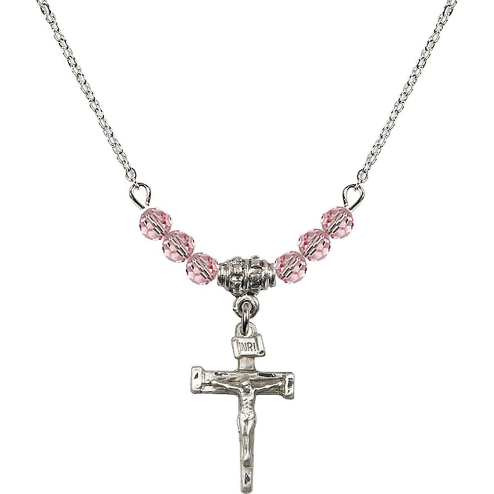 Sterling Silver Nail Crucifix Birthstone Necklace with Light Rose Beads - 0072