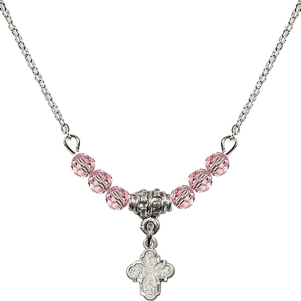 Sterling Silver 4-Way Birthstone Necklace with Light Rose Beads - 0207
