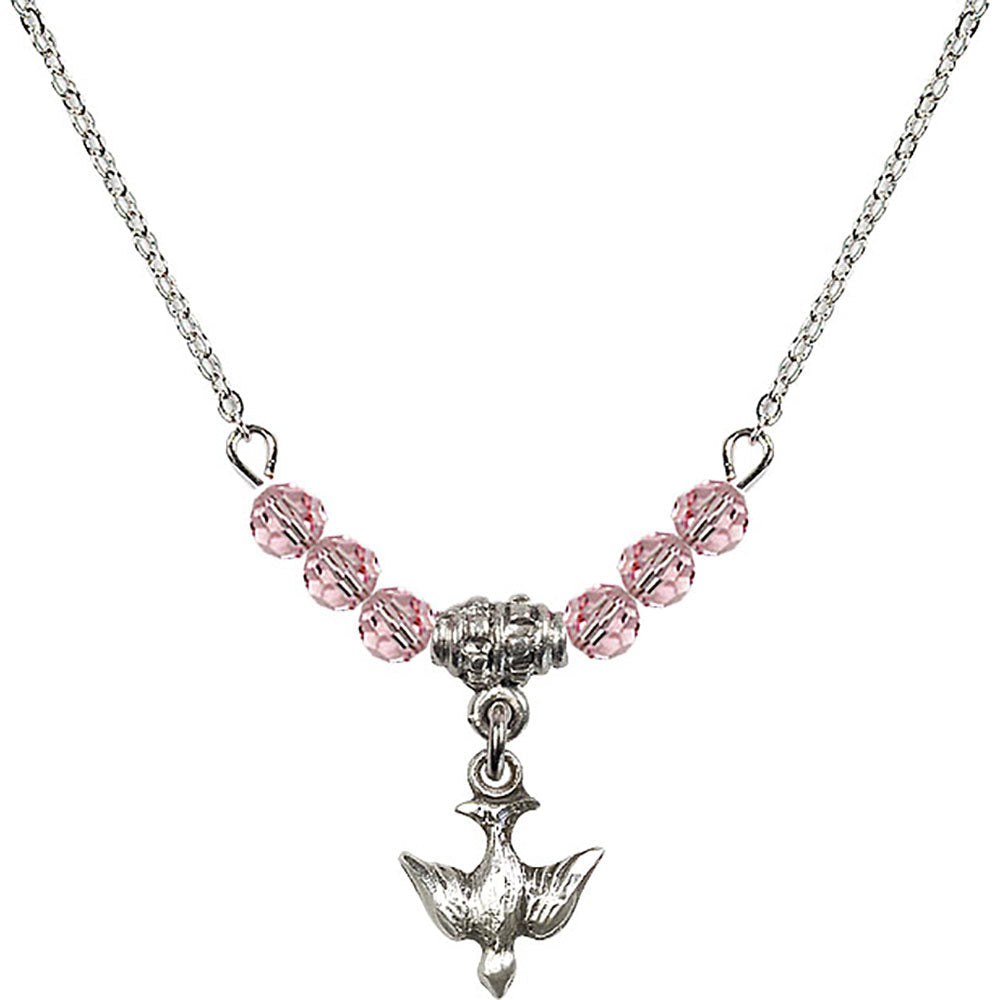 Sterling Silver Holy Spirit Birthstone Necklace with Light Rose Beads - 0208
