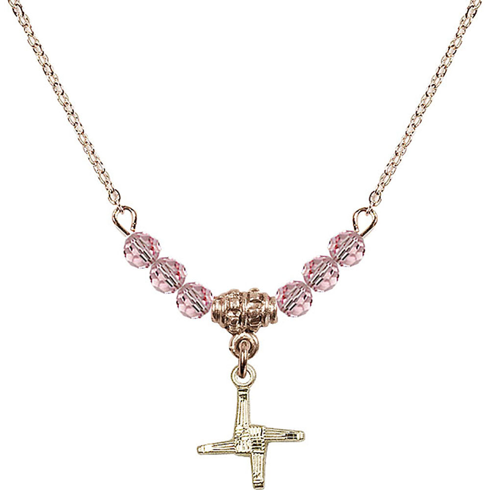 14kt Gold Filled Saint Brigid Cross Birthstone Necklace with Light Rose Beads - 0291