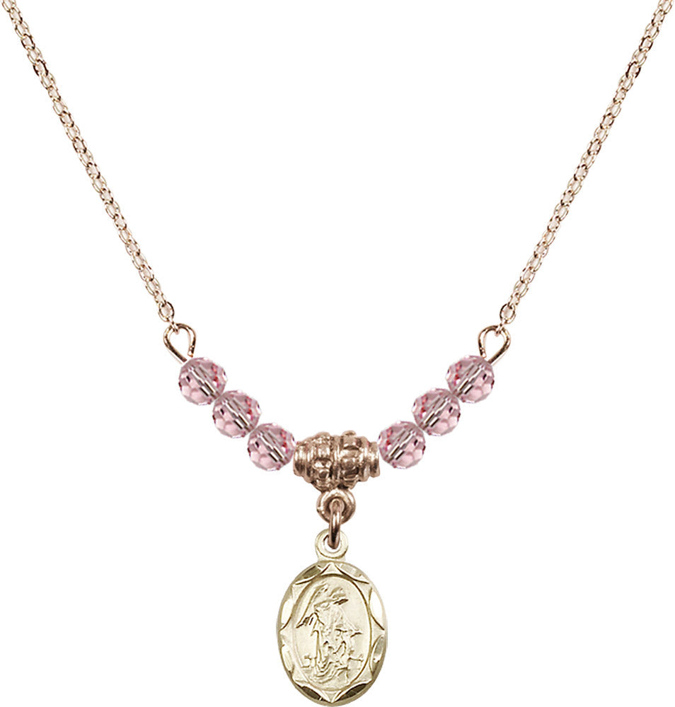 14kt Gold Filled Guardian Angel Birthstone Necklace with Light Rose Beads - 0301
