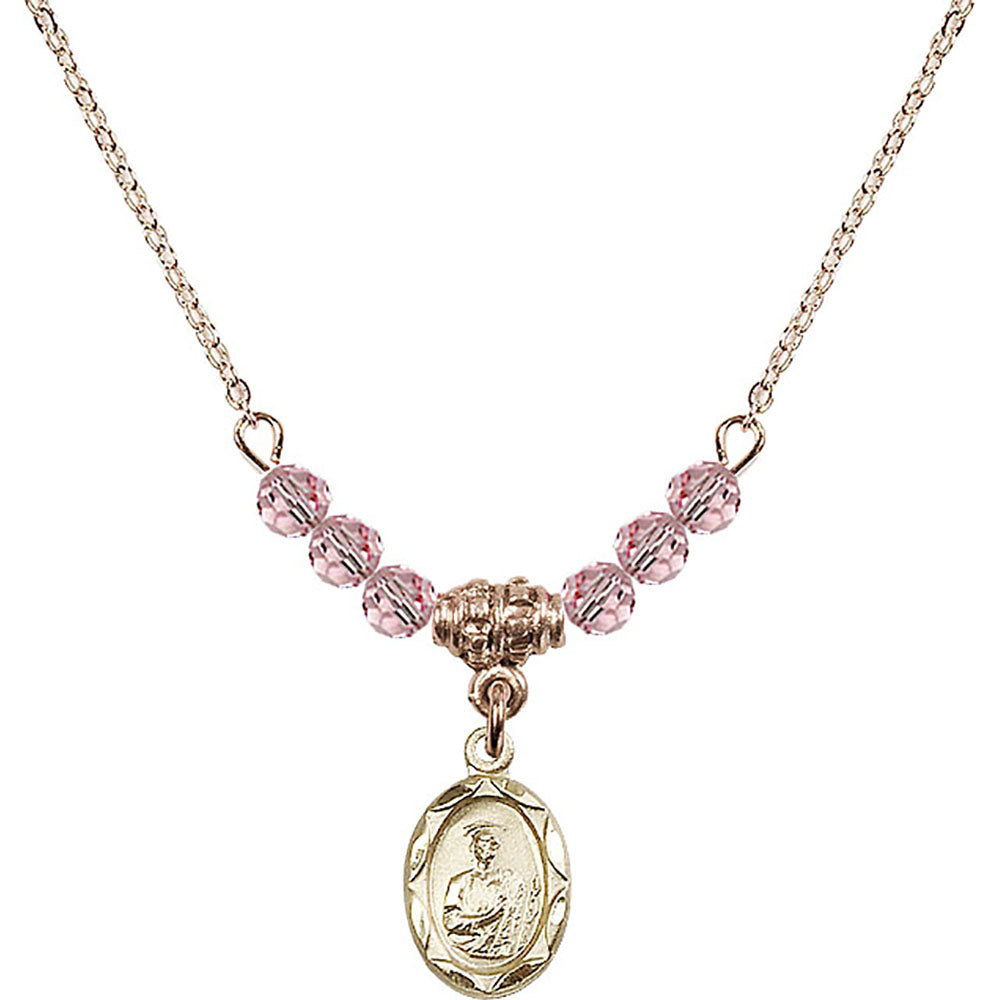 14kt Gold Filled Saint Jude Birthstone Necklace with Light Rose Beads - 0301