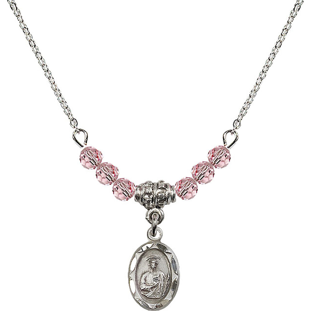 Sterling Silver Saint Jude Birthstone Necklace with Light Rose Beads - 0301