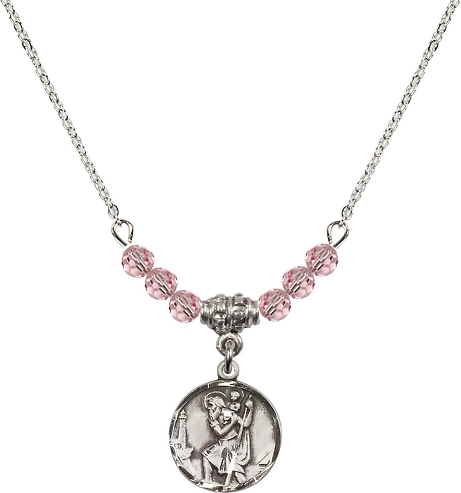 Sterling Silver Saint Christopher Birthstone Necklace with Light Rose Beads - 0601