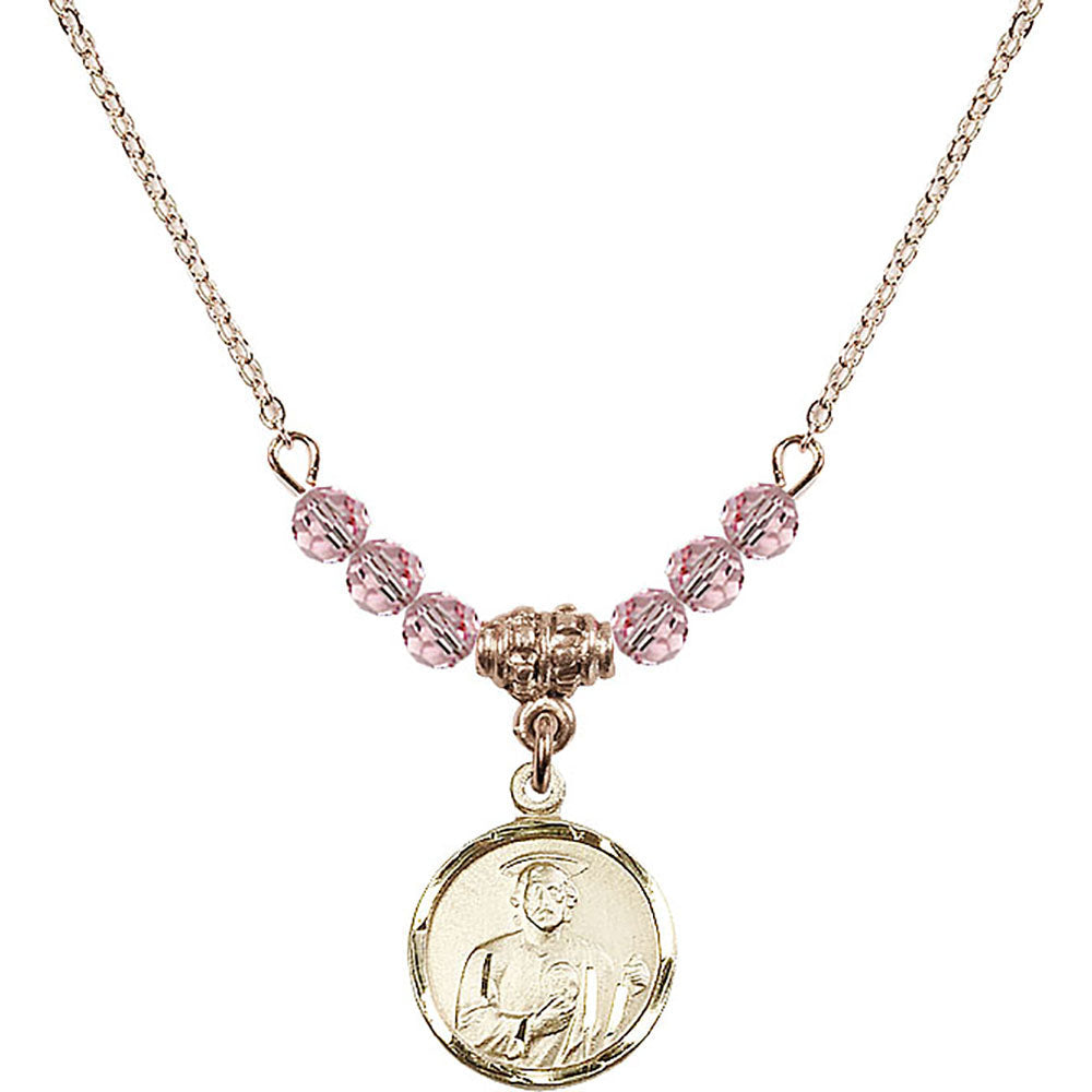 14kt Gold Filled Saint Jude Birthstone Necklace with Light Rose Beads - 0601