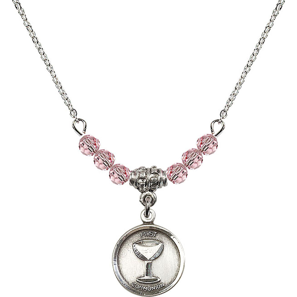 Sterling Silver Communion Birthstone Necklace with Light Rose Beads - 0601