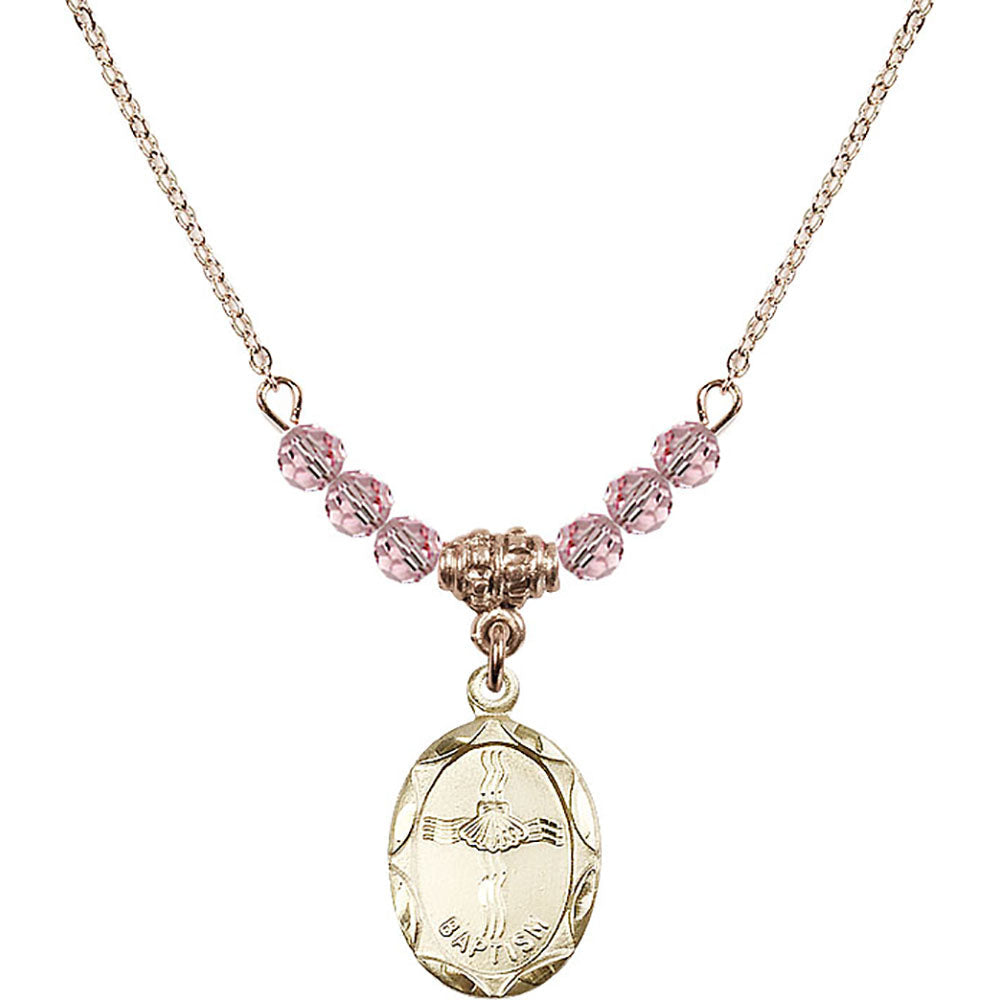 14kt Gold Filled Baptism Birthstone Necklace with Light Rose Beads - 0612