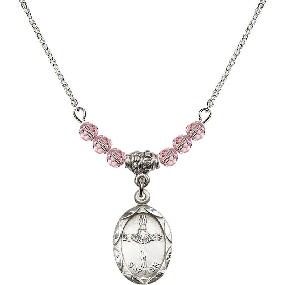 Sterling Silver Baptism Birthstone Necklace with Light Rose Beads - 0612
