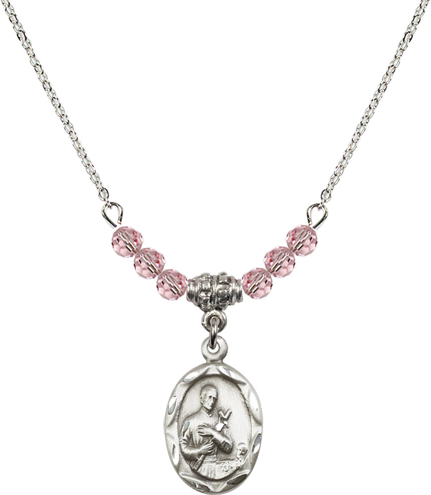 Sterling Silver Saint Gerard Birthstone Necklace with Light Rose Beads - 0612