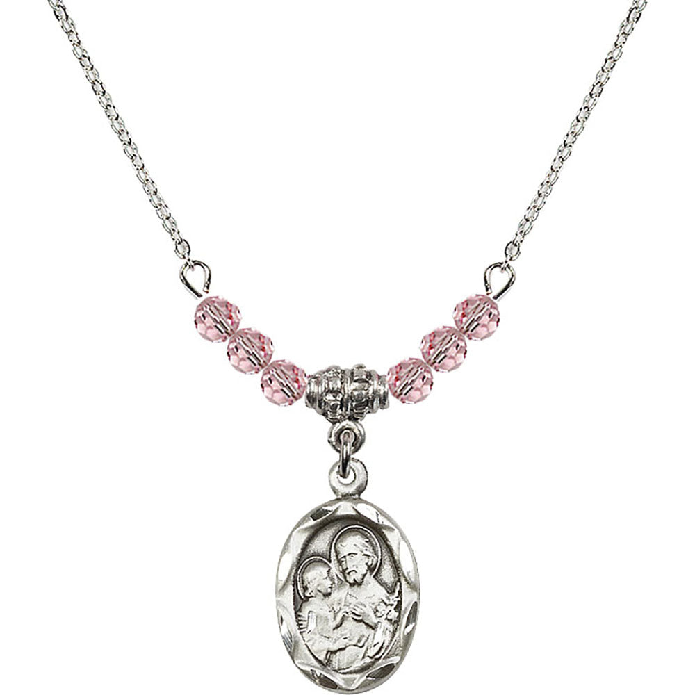Sterling Silver Saint Joseph Birthstone Necklace with Light Rose Beads - 0612