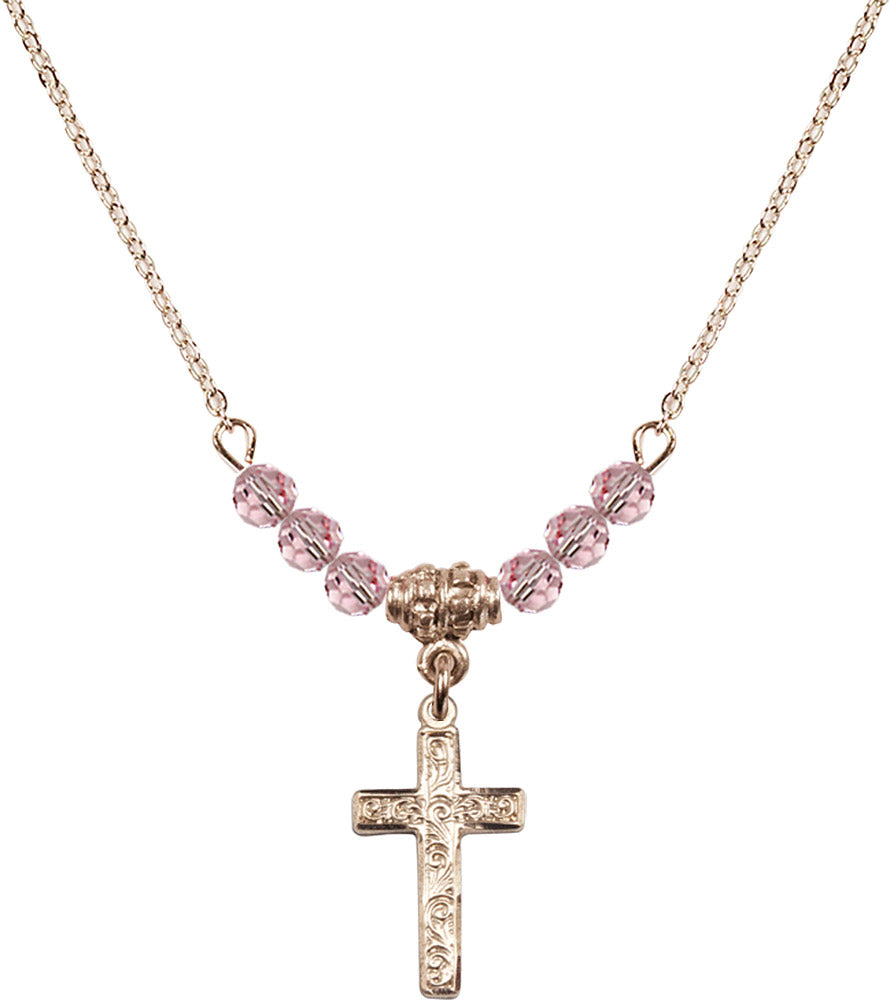 14kt Gold Filled Cross Birthstone Necklace with Light Rose Beads - 0672