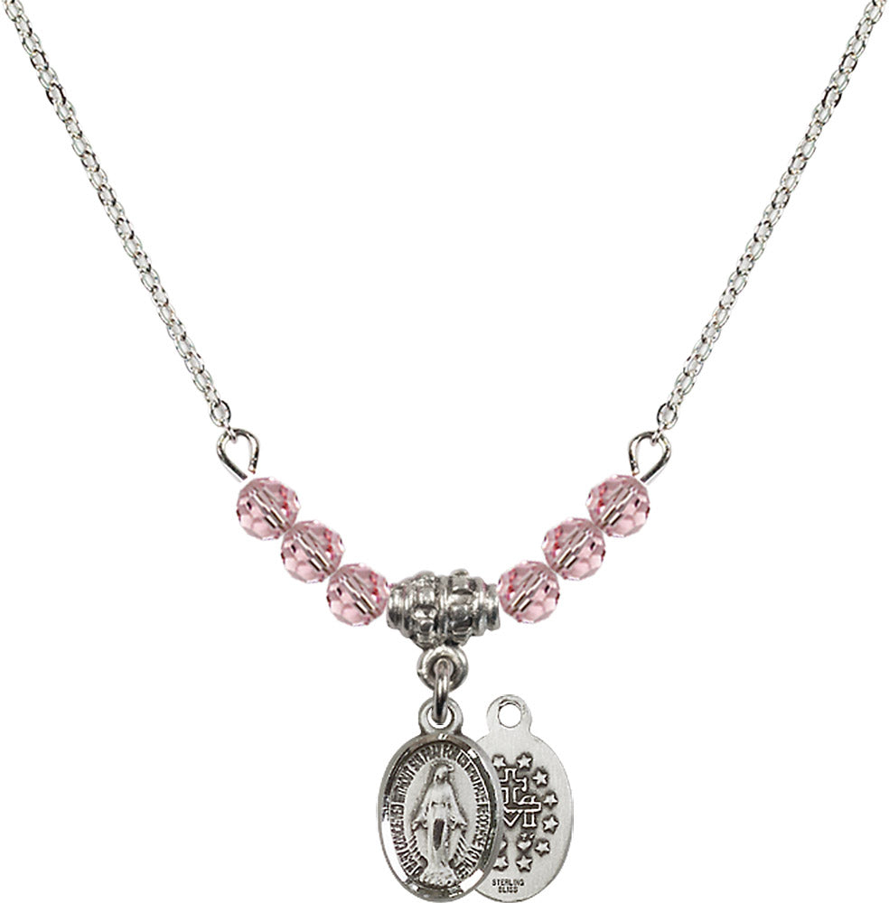 Sterling Silver Miraculous Birthstone Necklace with Light Rose Beads - 0702
