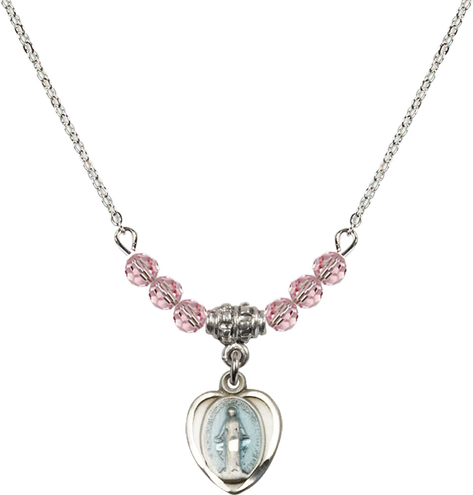 Sterling Silver Miraculous Birthstone Necklace with Light Rose Beads - 0706