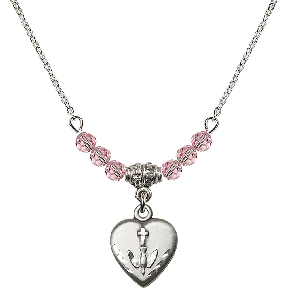 Sterling Silver Heart / Confirmation Birthstone Necklace with Light Rose Beads - 0891