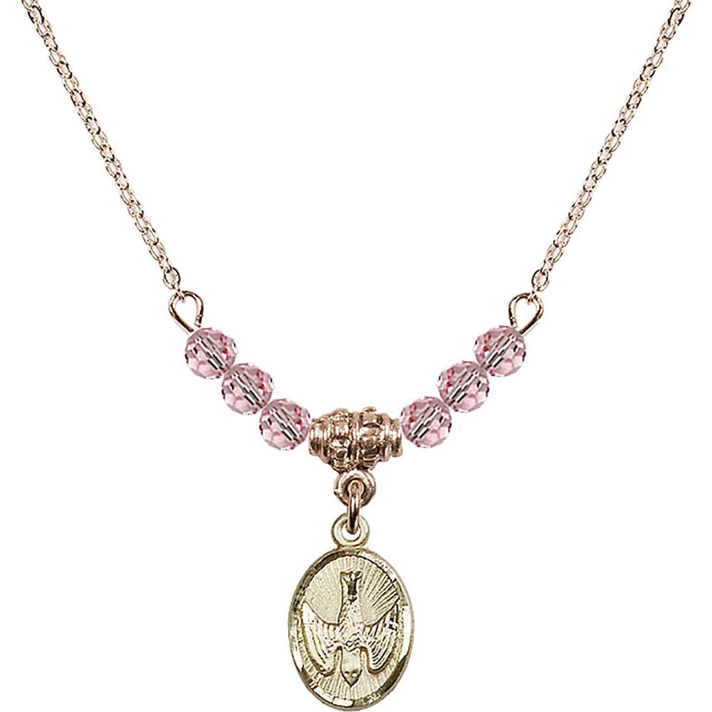 14kt Gold Filled Holy Spirit Birthstone Necklace with Light Rose Beads - 0982