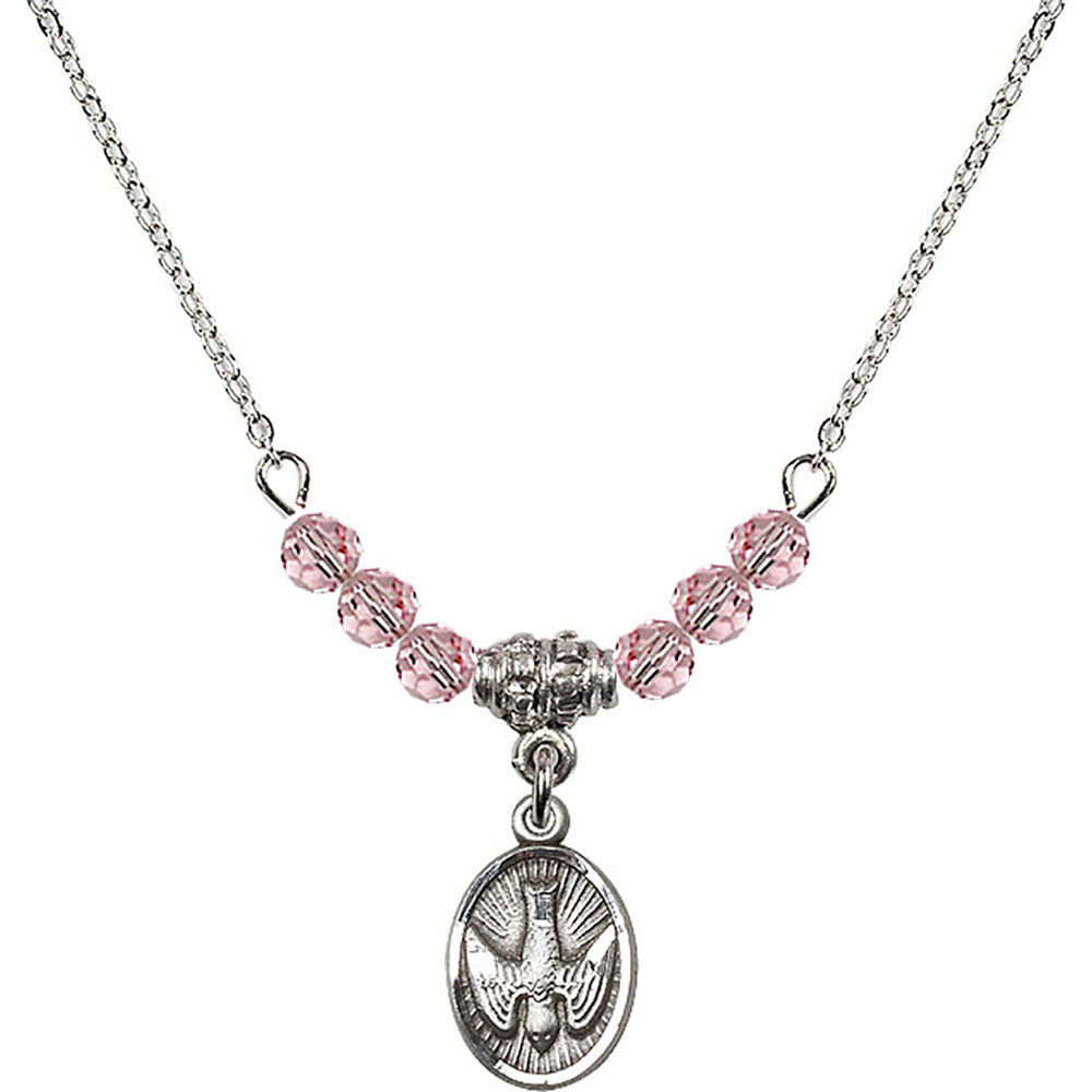 Sterling Silver Holy Spirit Birthstone Necklace with Light Rose Beads - 0982