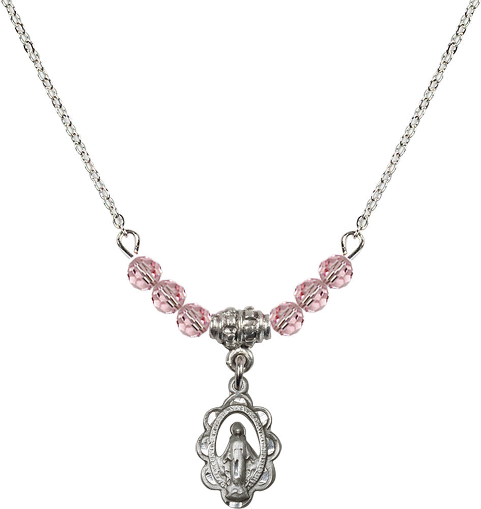 Sterling Silver Miraculous Birthstone Necklace with Light Rose Beads - 1610