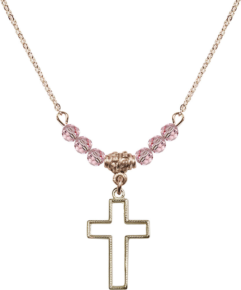 14kt Gold Filled Cross Birthstone Necklace with Light Rose Beads - 1708