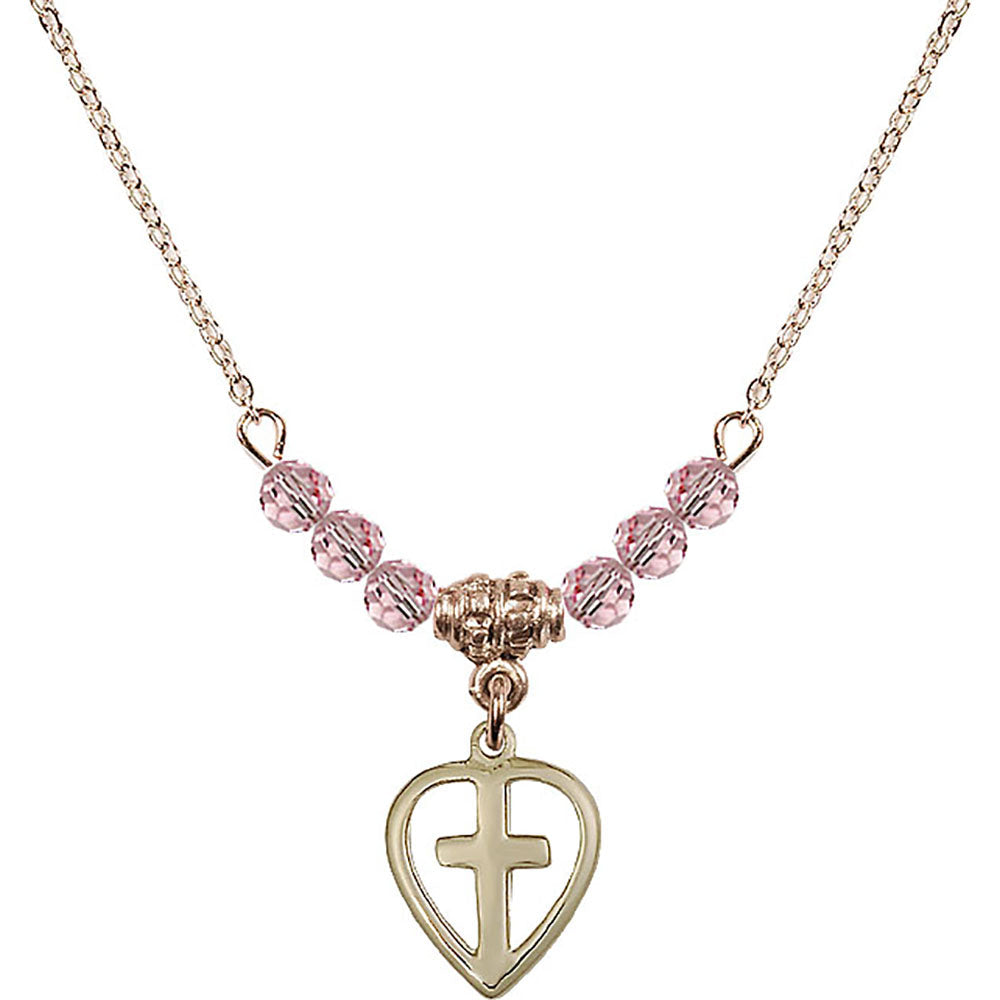 14kt Gold Filled Heart / Cross Birthstone Necklace with Light Rose Beads - 1709