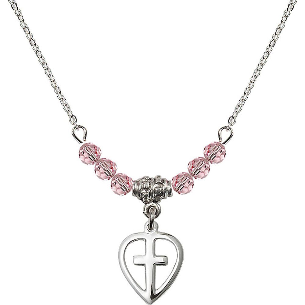 Sterling Silver Heart / Cross Birthstone Necklace with Light Rose Beads - 1709