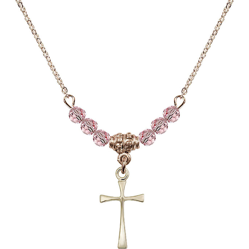 14kt Gold Filled Maltese Cross Birthstone Necklace with Light Rose Beads - 1872
