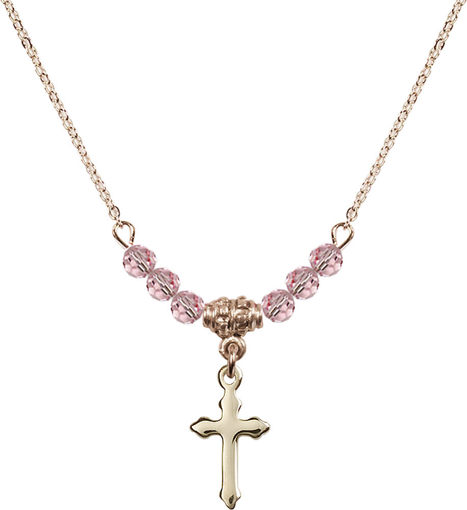 14kt Gold Filled Cross Birthstone Necklace with Light Rose Beads - 2528