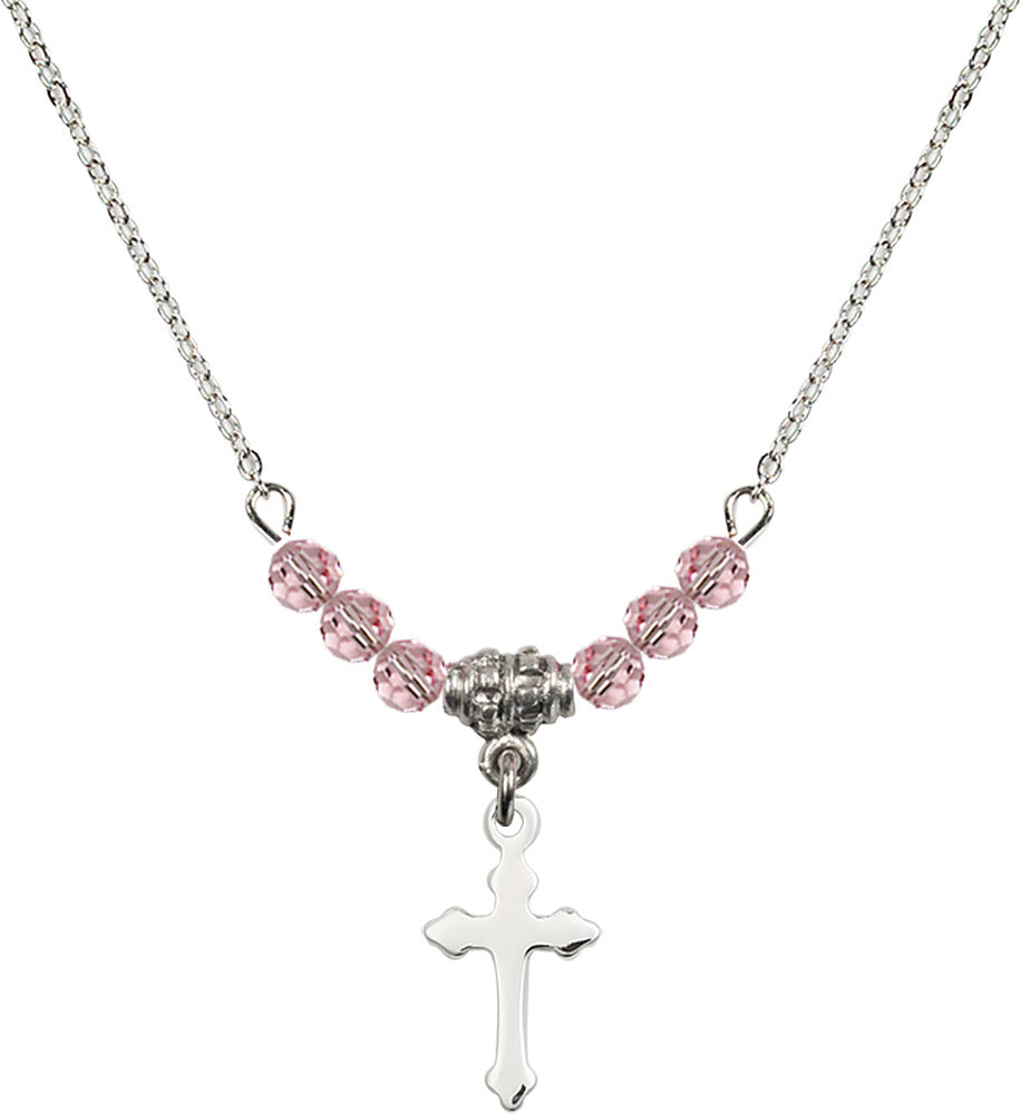 Sterling Silver Cross Birthstone Necklace with Light Rose Beads - 2528