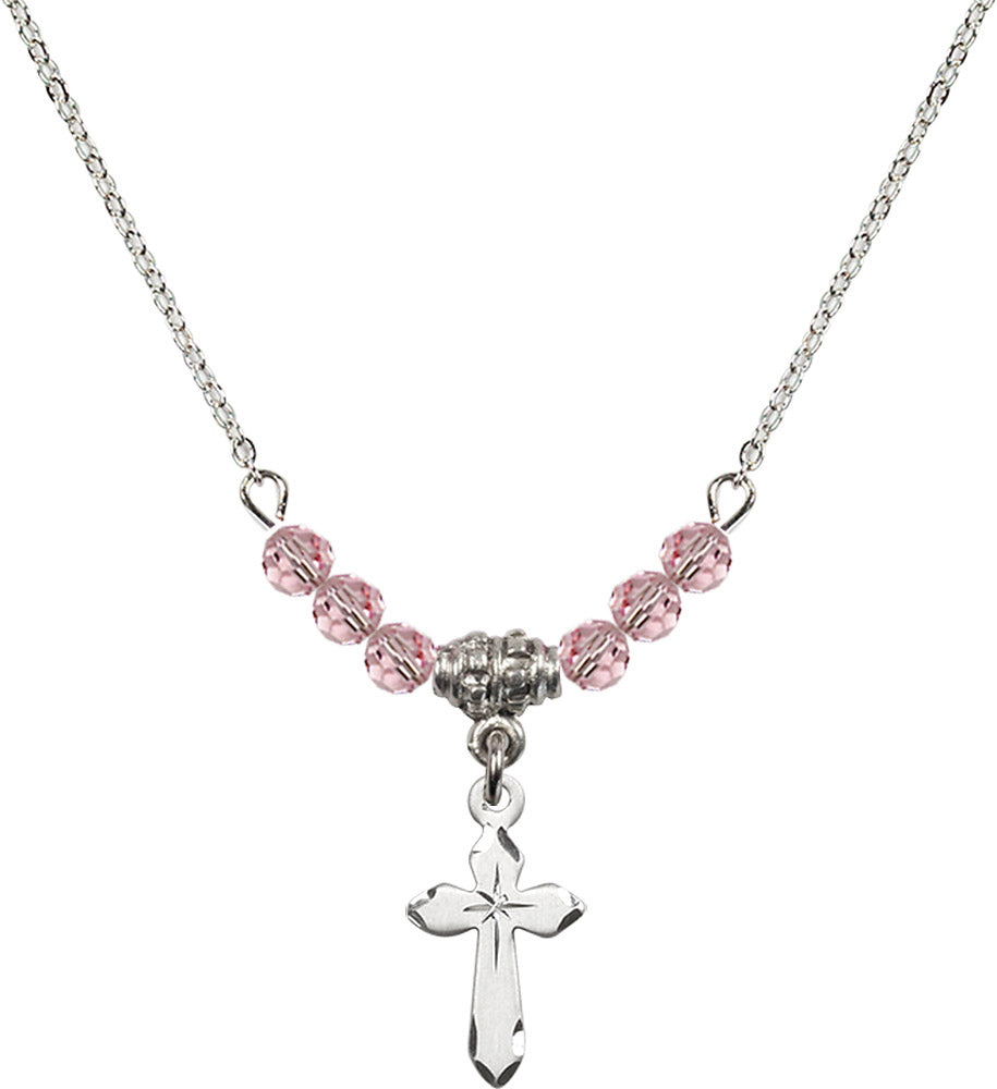 Sterling Silver Cross Birthstone Necklace with Light Rose Beads - 2529