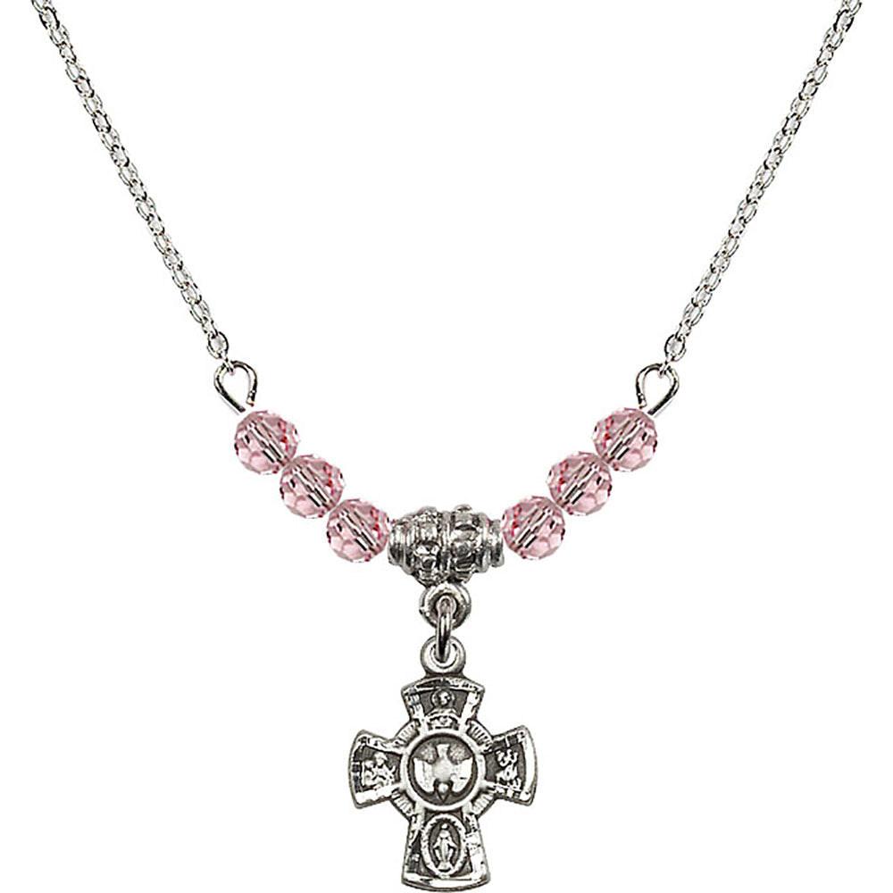Sterling Silver 5-Way Birthstone Necklace with Light Rose Beads - 3145