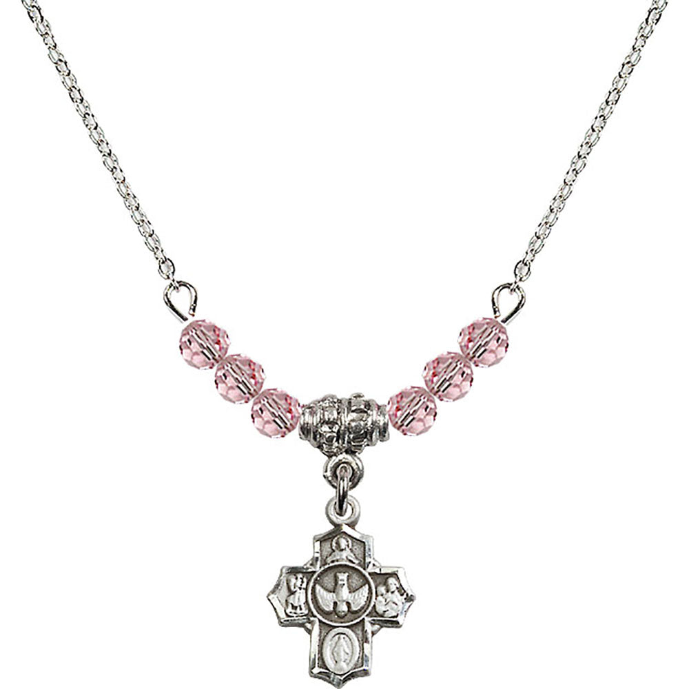 Sterling Silver 5-Way Birthstone Necklace with Light Rose Beads - 3190