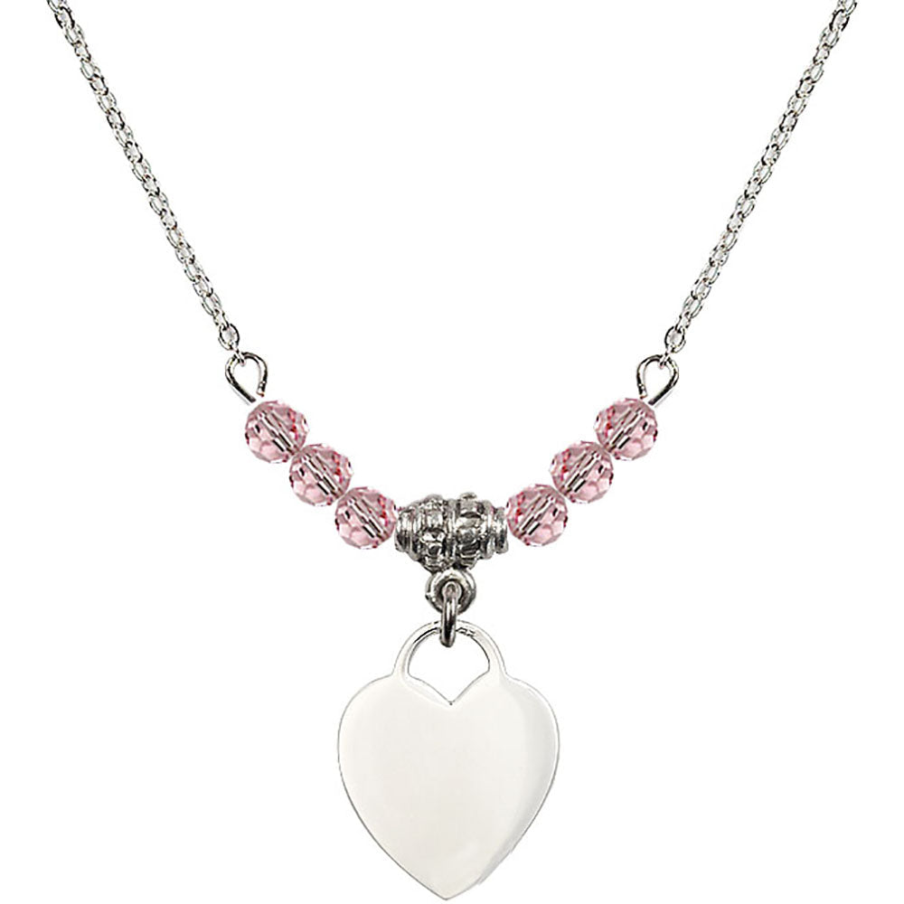 Sterling Silver Heart Birthstone Necklace with Light Rose Beads - 3400