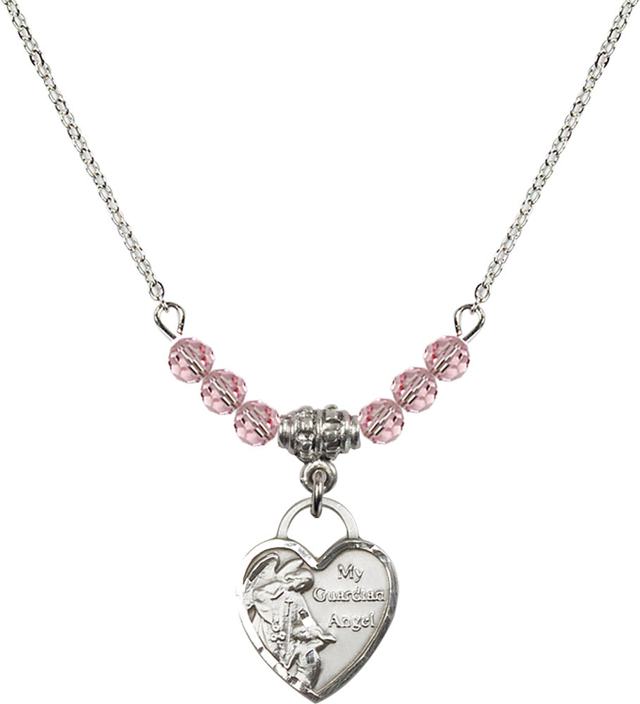 Sterling Silver Guardian Angel Heart Birthstone Necklace with Light Rose Beads - 3402