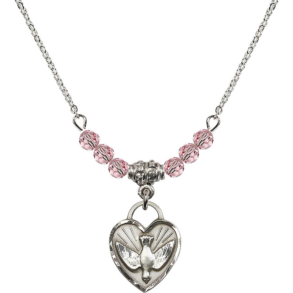 Sterling Silver Confirmation Heart Birthstone Necklace with Light Rose Beads - 3405