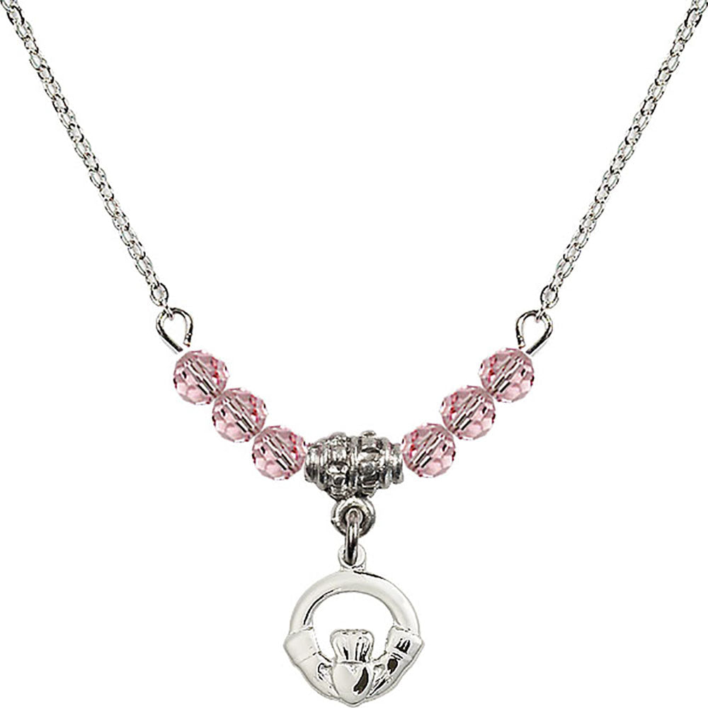 Sterling Silver Claddagh Birthstone Necklace with Light Rose Beads - 4113