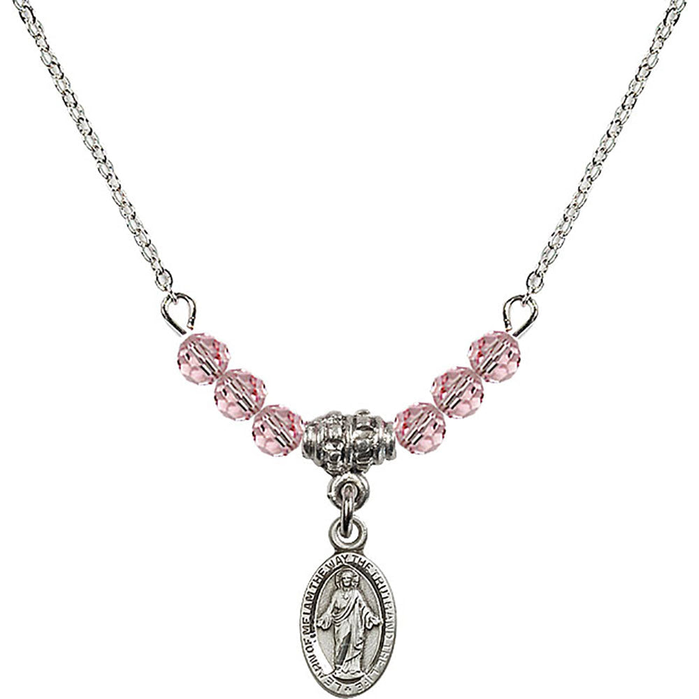 Sterling Silver Scapular Birthstone Necklace with Light Rose Beads - 4121