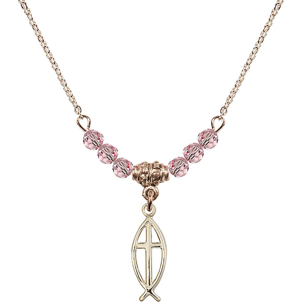 14kt Gold Filled Fish / Cross Birthstone Necklace with Light Rose Beads - 4251